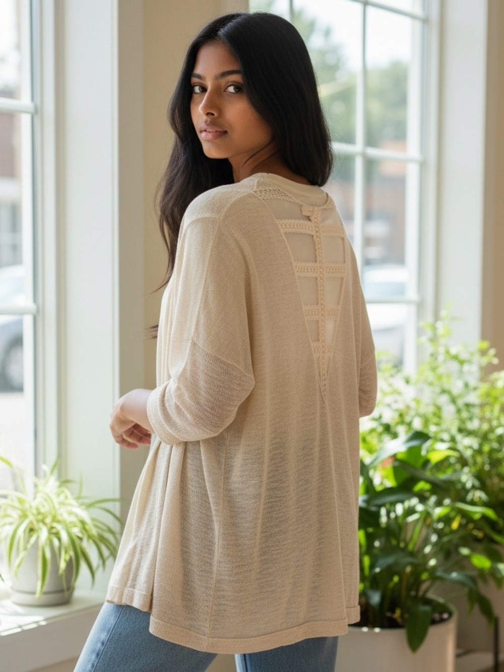 painted threads Cream Crochet-Back Lightweight Pullover